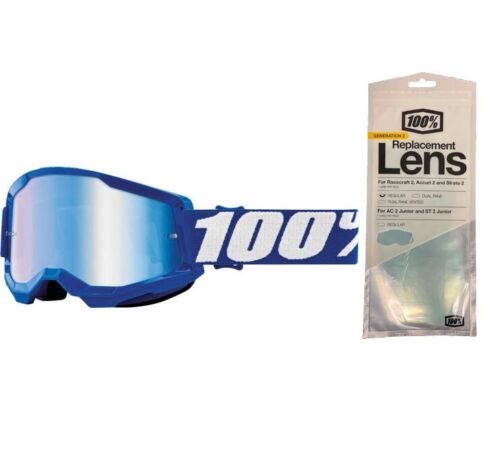 100% Strata 2 Motocross Goggles + Photochromic Lens Blue / Blue Mirror Lens + Photochromic Lens