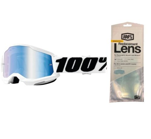 100% Strata 2 Motocross Goggles + Photochromic Lens Everest / Blue Mirror Lens + Photochromic Lens
