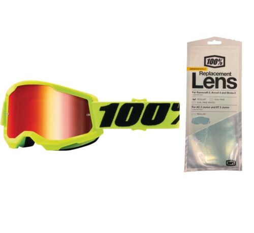100% Strata 2 Motocross Goggles + Photochromic Lens Yellow / Red Mirror Lens + Photochromic Lens