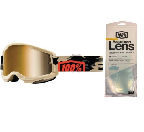100% Strata 2 Motocross Goggles + Photochromic Lens Kombat/True Gold Mirror Lens + Photochromic Lens